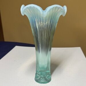 FENTON ~ SHEFFIELD ~ AQUAMARINE BLUE OPALESCENT ~ ART GLASS VASE - 9 1/4 tall
